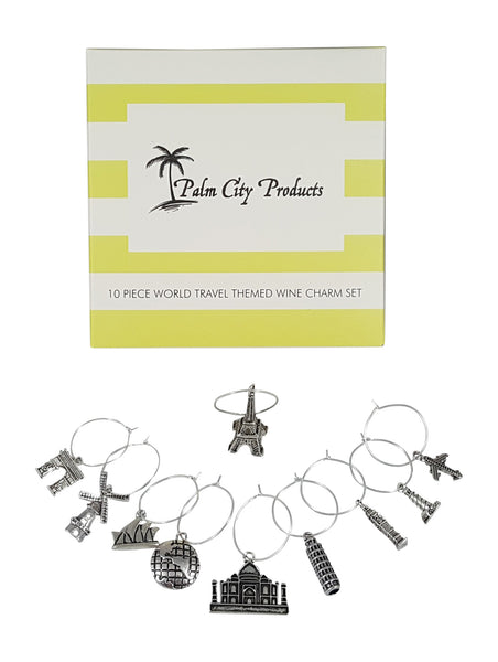 Travel Themed Wine Charm Set by Palm City Products - box with charms on Display