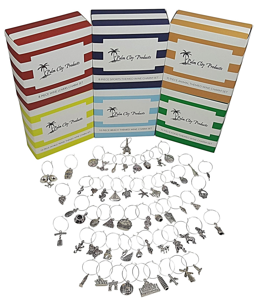 Wine Charm Set - 56 Pieces in Six Different Styles: Beach, Wine Lovers, World Travel, Sports, Animal, and Food Lovers Themes