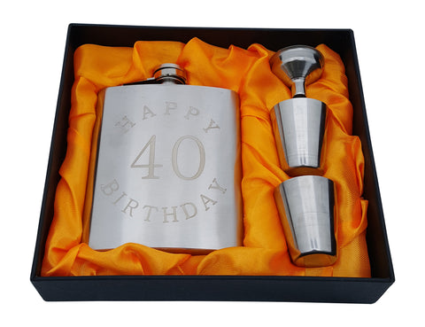 40th Birthday Flask Gift Set - 7 oz Flask Engraved with "Happy 40 Birthday"