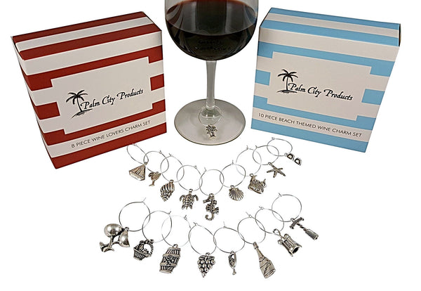 Wine Charm Set - 56 Pieces in Six Different Styles: Beach, Wine Lovers, World Travel, Sports, Animal, and Food Lovers Themes