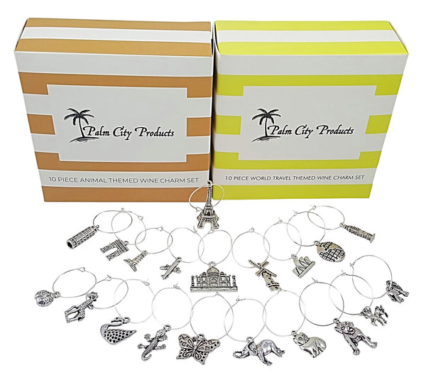 Wine Charm Set - 56 Pieces in Six Different Styles: Beach, Wine Lovers, World Travel, Sports, Animal, and Food Lovers Themes
