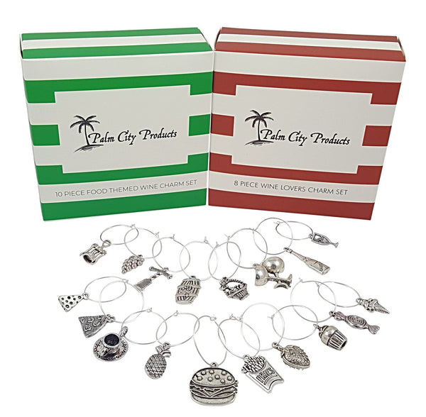 Wine Charm Set - 56 Pieces in Six Different Styles: Beach, Wine Lovers, World Travel, Sports, Animal, and Food Lovers Themes