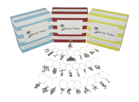 Deluxe Wine Charm Set – 28 Pieces Total includes Beach, Wine Lovers, and World Traveler Themes