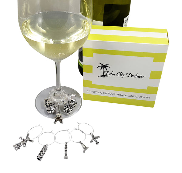 Travel Themed Wine Charms on glass of chardonnay with box and bottle next to it