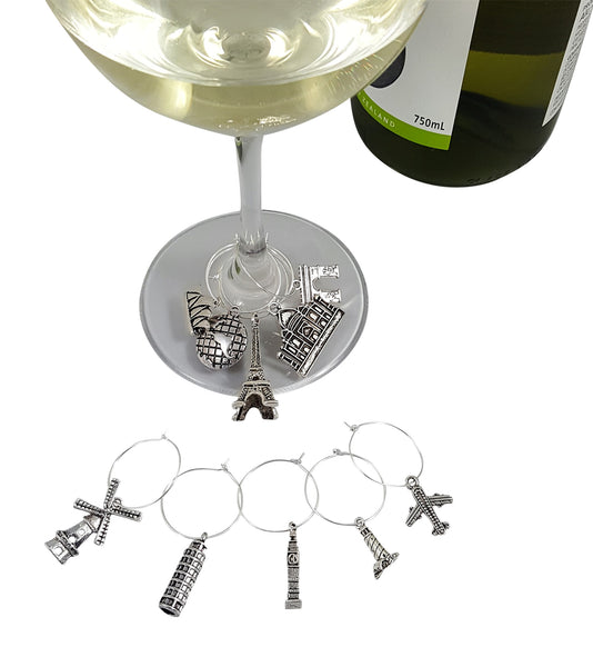 Glass of Chardonnay with Palm City Products Travel Themed Wine Charms on Stem