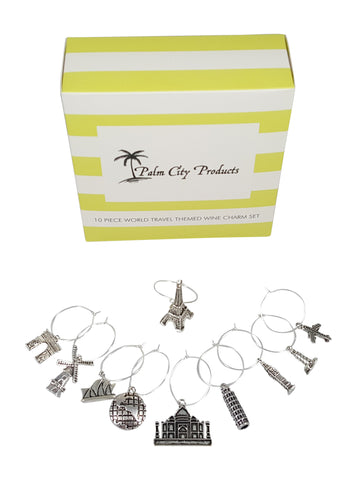 Travel Themed Wine Charm Set with 10 Charms including Eiffel Tower, Big Ben, Taj Mahal, and many more