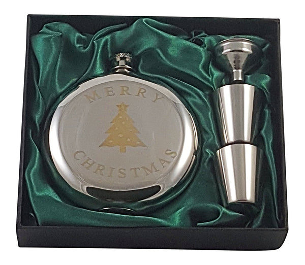 Merry Christmas Flask Gift Set with Two Shot Glasses and Funnel in a Black Gift Box (limited edition)