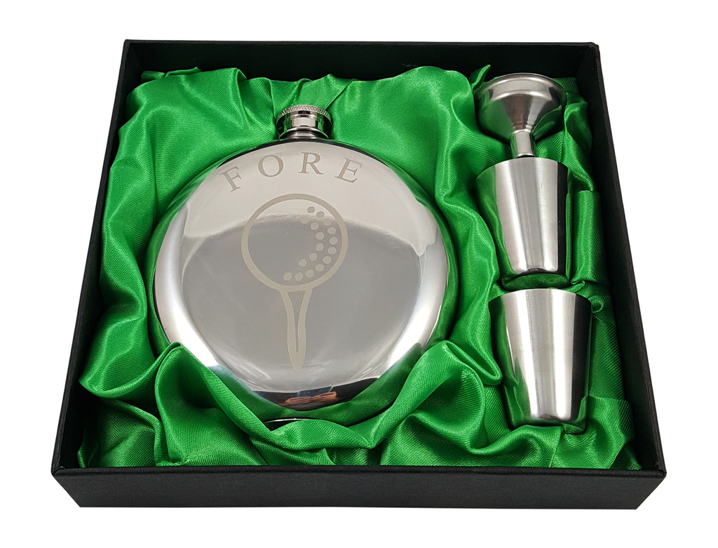 Golf Flask Gift Set - 10 oz Round Flask Engraved with "Fore" - Great Gift for Golfers