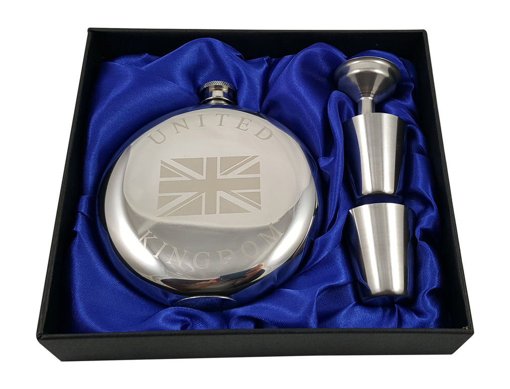 United Kingdom Flask Gift Set - 10 oz Flask Engraved with a Union Jack with Two Shot Glasses and a Funnel