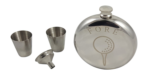 Golf Flask Gift Set - 10 oz Round Flask Engraved with "Fore" - Great Gift for Golfers
