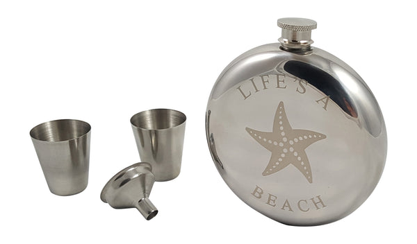 Beach Themed Starfish Flask Gift Set - 10 oz Beach Themed Round Flask with Two Shot Glasses and a Funnel in a Black Gift Box