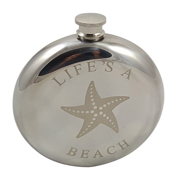 Beach Themed Starfish Flask Gift Set - 10 oz Beach Themed Round Flask with Two Shot Glasses and a Funnel in a Black Gift Box