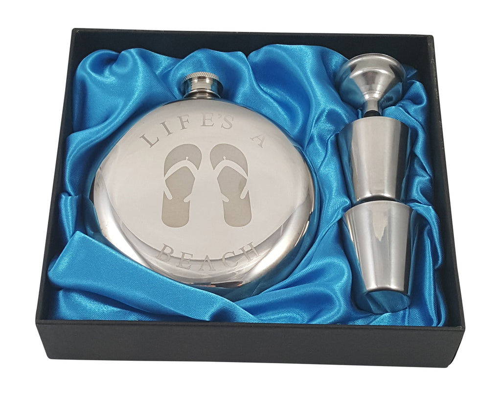 Beach Themed 10 oz Round "Flip Flops" Flask Gift Set with Two Shot Glasses and a Funnel in a Black Gift Box