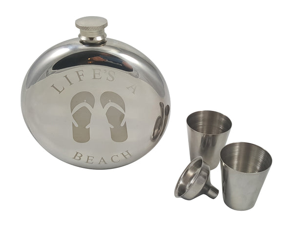 Beach Themed 10 oz Round "Flip Flops" Flask Gift Set with Two Shot Glasses and a Funnel in a Black Gift Box