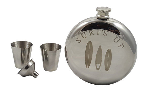 Surf's Up Flask Gift Set - Beached Flask Gift Set Engraved with Decorative Surfboards