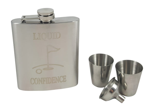 Golf Flask Gift Set - 7 oz Flask Engraved with "Liquid Confidence"