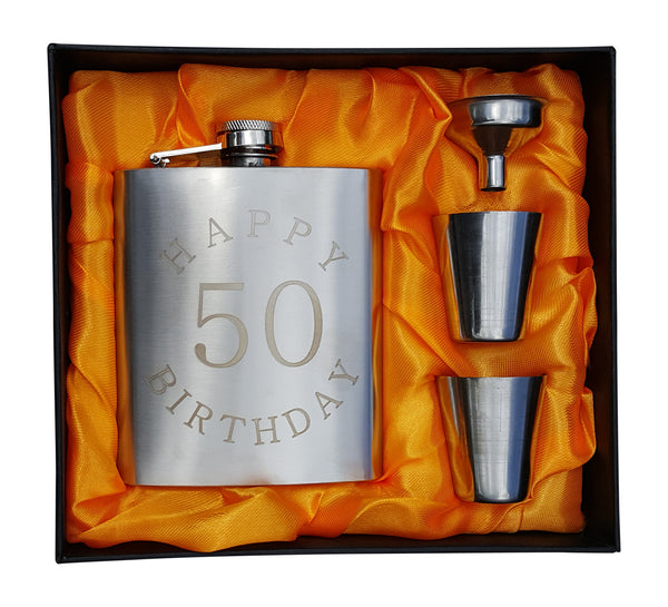 50th Birthday Flask Gift Set - 7 oz Flask Engraved with "Happy 50 Birthday"