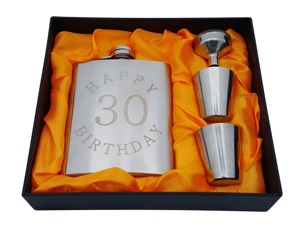 30th Birthday Flask Gift Set - 7 oz Flask Engraved with "Happy 30 Birthday"