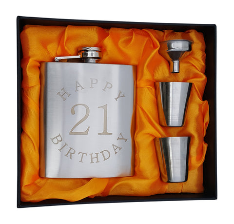 21st Birthday Flask Gift Set - 7 oz Flask Engraved with "Happy 21 Birthday"