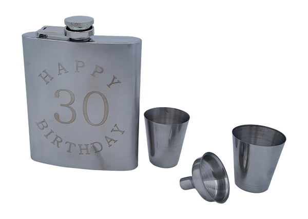 30th Birthday Flask Gift Set - 7 oz Flask Engraved with "Happy 30 Birthday"
