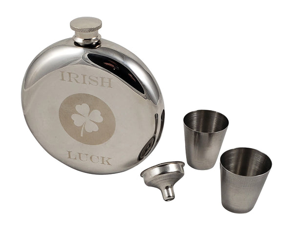 Irish Luck 10 ounce Round Flask Gift Set - Great Ireland Themed Gift