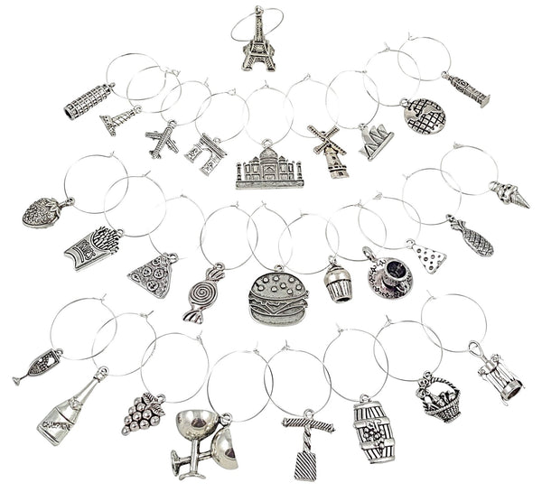 Around the World Wine Charm Set with Food, Wine Lovers, and World Travel Themed Sets - 28 Piece Bundled Set