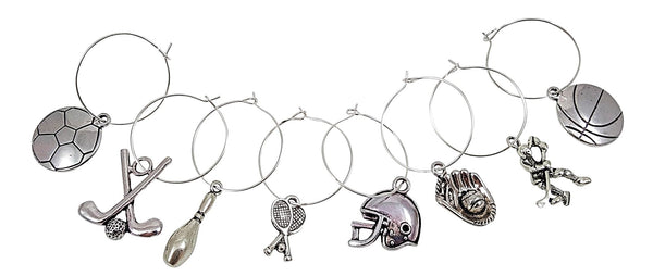 Sports Themed Wine Charms - 8 Piece Wine Charm Set - Great Gift for Sports Fans