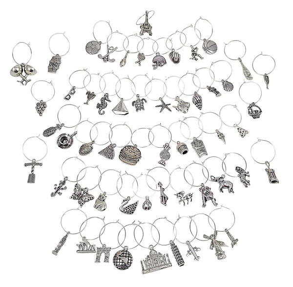 Wine Charm Set - 56 Pieces in Six Different Styles: Beach, Wine Lovers, World Travel, Sports, Animal, and Food Lovers Themes
