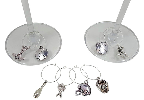 Sports Themed Wine Charms - 8 Piece Wine Charm Set - Great Gift for Sports Fans