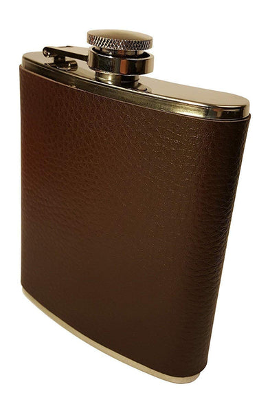 Flask Gift Set - 7 oz Flask Wrapped with Brown Faux Leather with Two Shotglasses and a Funnel