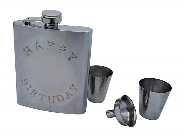 Happy Birthday Flask Gift Set - 7 oz Flask Engraved with "Happy Birthday"
