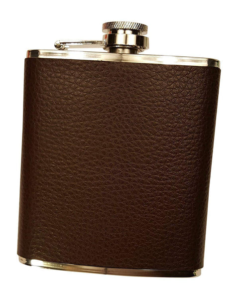 Flask Gift Set - 7 oz Flask Wrapped with Brown Faux Leather with Two Shotglasses and a Funnel