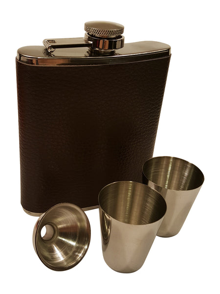 Brown Leather 7 Oz Flask Gift Set with Two Shot Glasses and Funnel