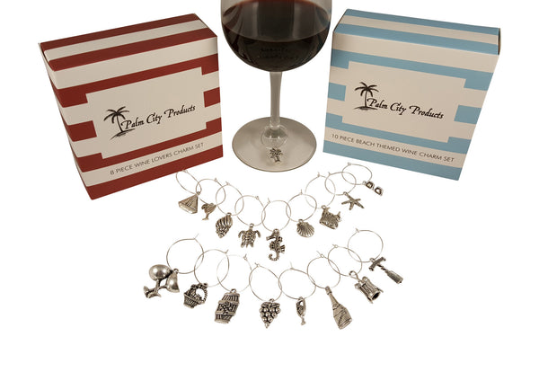 Palm City Products Wine and Beach Charm Sets next to a glass of wine