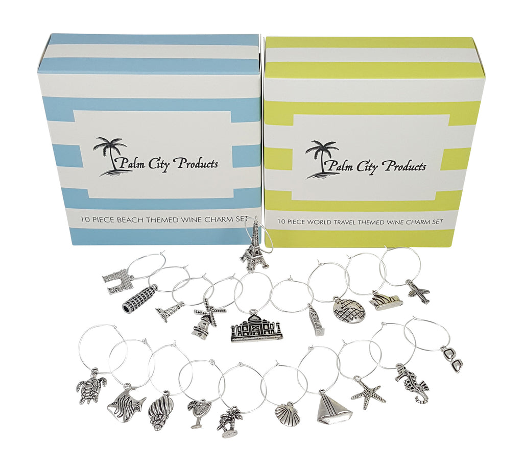 Palm City Products Bundle of Beach and Travel Themed Wine Charms