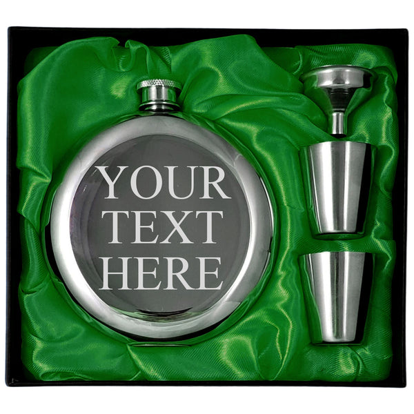 Custom Engraved 10 oz Round Flask Gift Set, Personalized With Your Choice of Text