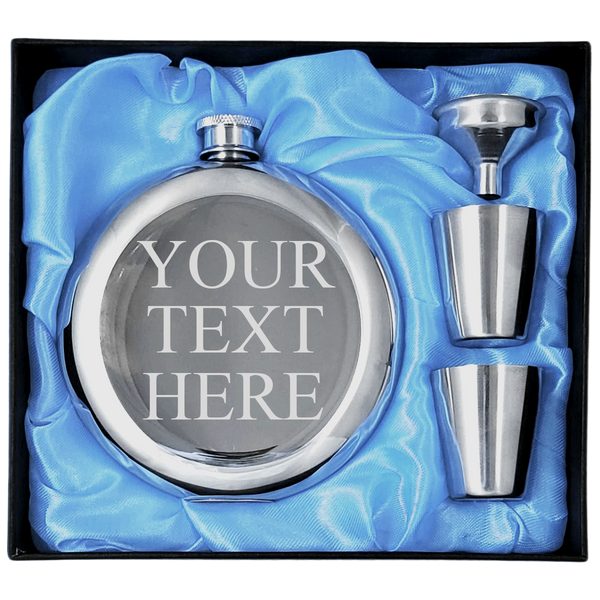 Custom Engraved 10 oz Round Flask Gift Set, Personalized With Your Choice of Text